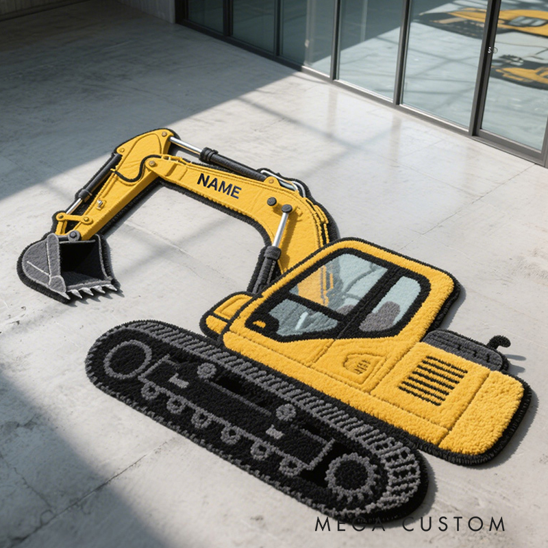Personalized Excavator Truck Custom Name Soft Decorative Gift Construction Vehicle Style Cozy Bedroom Yellow Builder Machine Fun Playtime Adventure Boy Room Carpet Rug for Kids