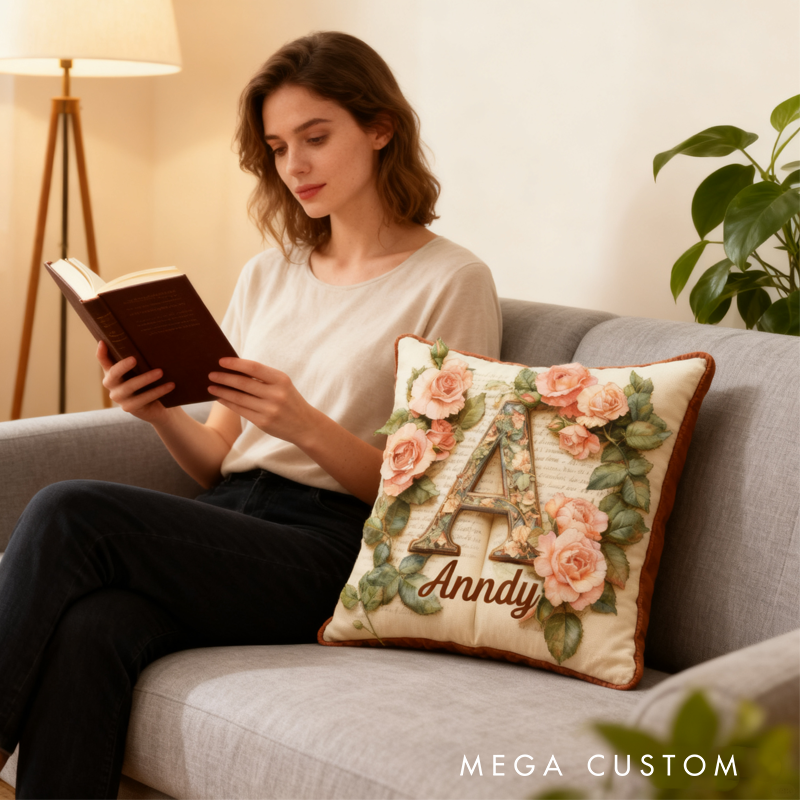 Personalized Rose Garden Book Alphabet Throw Pillow Vintage Floral Book Letter Pillow with Name for Kids Girl Gift for Reading Lover Pillow