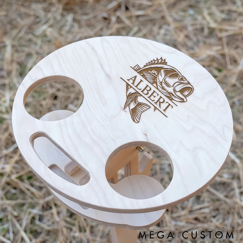 Personalized Engraved Fishing Table Fishing Wine and Beer Storage Wooden Design Custom Name Portable Outdoor Table with Cup Holders for Fishing and Camping