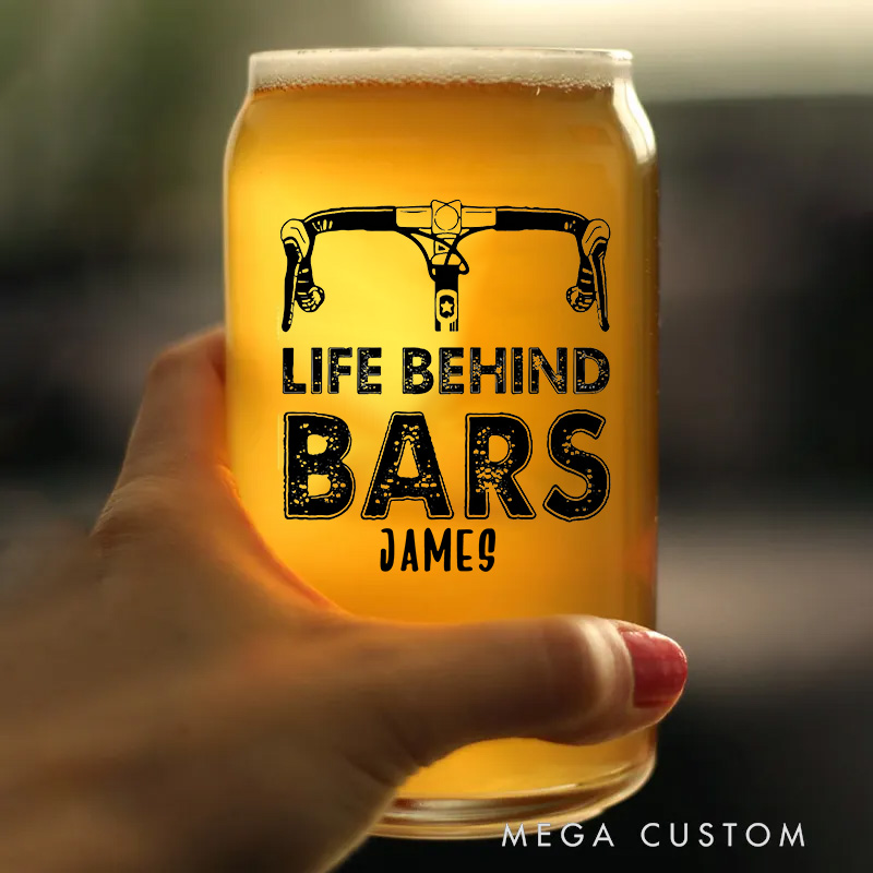 Personalized Life Behind Bars Bike Glass Bicycle Barware Screenprinted Pint Glass Beer Cycling Art Gift for Cyclists Biker Cycling Lovers