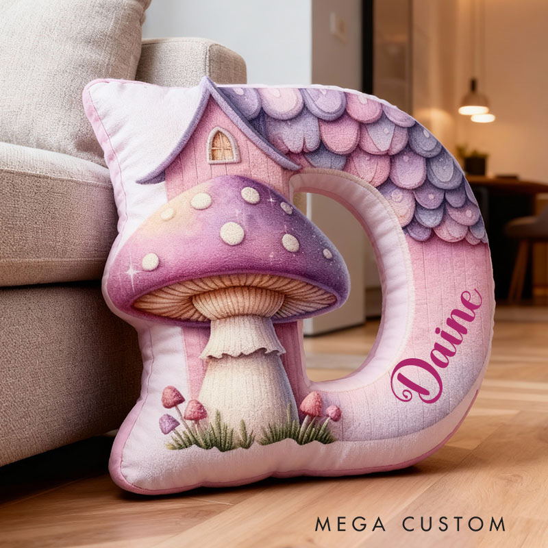 Personalized 26 Letter Housewarming Pillow Graphic 3D Print Custom Name Cozy Home Decor with Enchanting Mushroom House Design Soft Accent Cushion