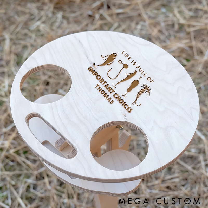 Personalized Fishing Table Engraved Wooden Design with Fun Quote Custom Name Portable Outdoor Table with Cup Holders for Fishing and Camping