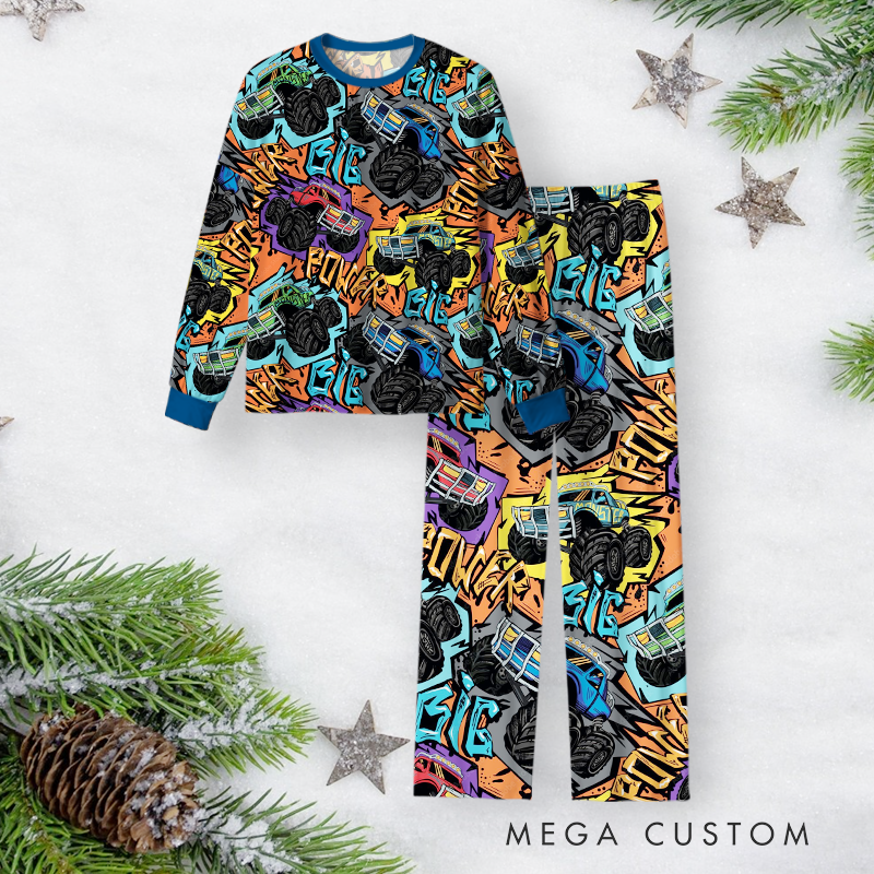Personalized Monster Truck Racing Themed Christmas Pajamas with Colorful Graphics Gift for Motorsport Fans