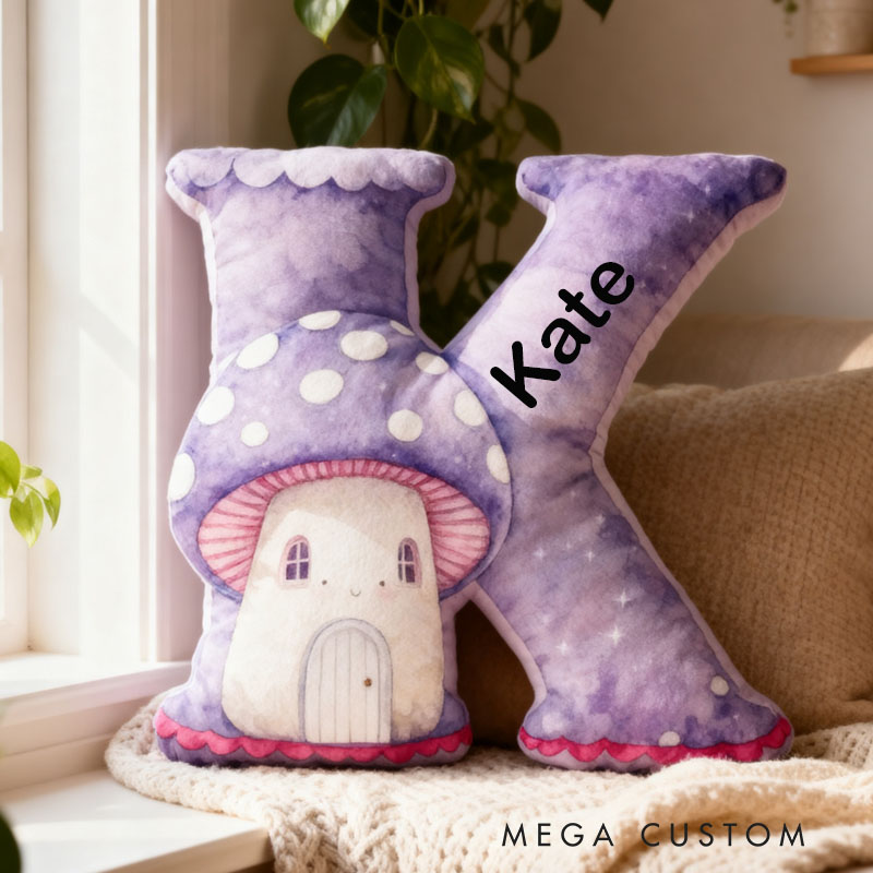 Personalized 26 Letter Pillow Graphic 3D Print Custom Name Cozy Home Decor with Charming Purple Mushroom House Design Housewarming Pillow Gift