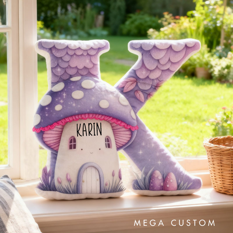 Personalized 26 Letter Pillow Purple Mushroom House Housewarming Pillow Graphic 3D Print Custom Name Cozy Home Decor Soft Accent Cushion