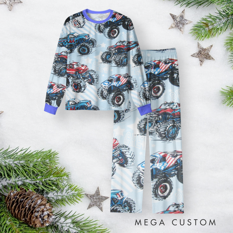 Personalized Monster Truck Christmas Pajama Set with Cool Blue Design Vehicle Lover Gift