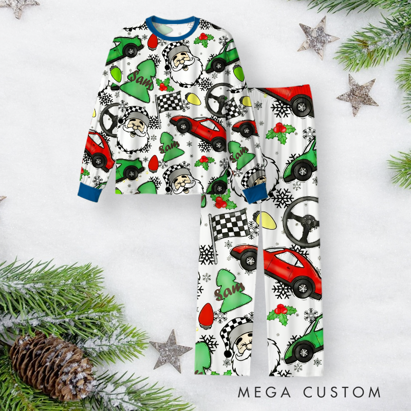 Personalized Christmas Pajama Set with Santa and Car Themed Festive Design Vehicle Lover Gift