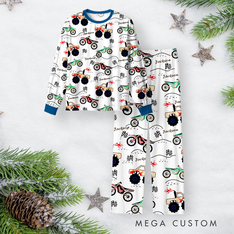 Personalized Monster Truck Christmas Pajama Set with Custom Name and Festive Design Vehicle Lover Gift
