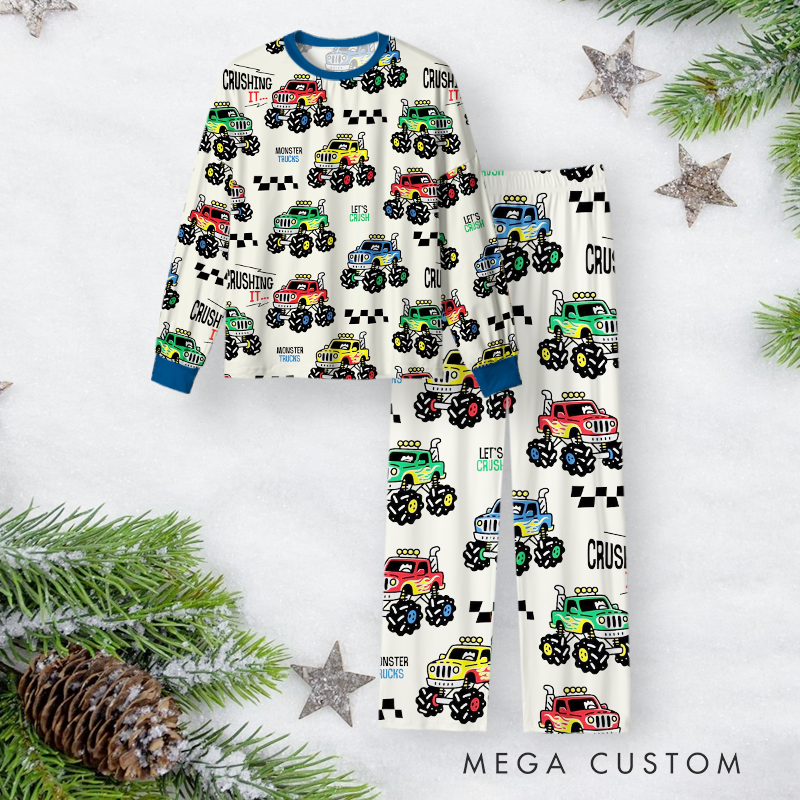 Personalized Monster Truck Christmas Pajama Set with Colorful Checkered Design Vehicle Lover Gift