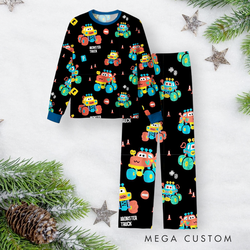 Personalized Monster Truck Christmas Pajama Set with Fun Cartoon Design Vehicle Lover Gift