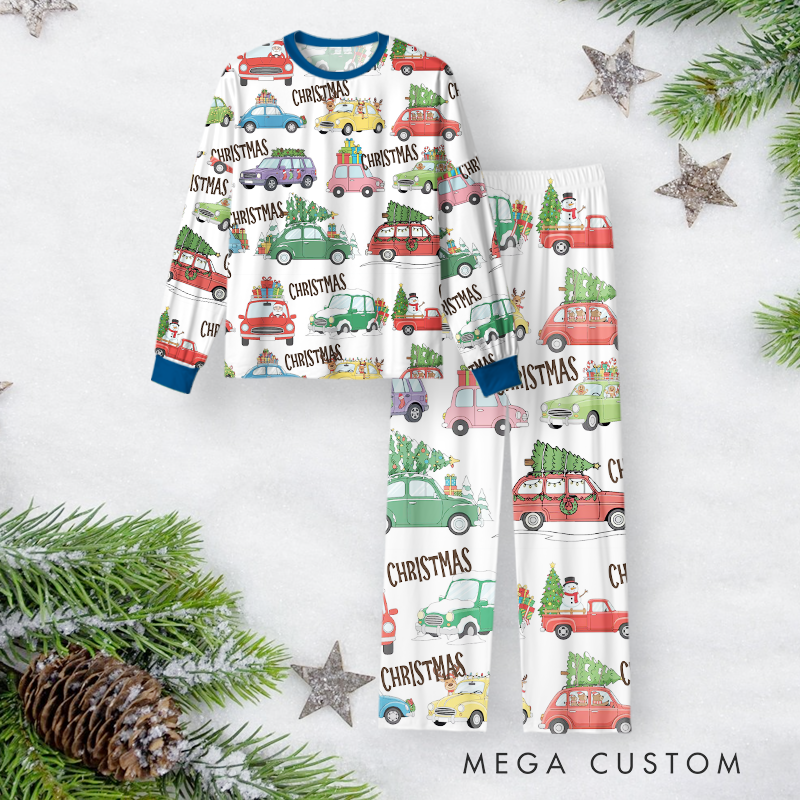 Personalized Christmas Pajama Set with Festive Car and Tree Design Vehicle Lover Gift