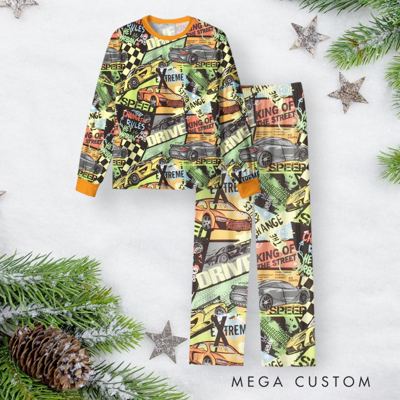 Personalized Race Car Christmas Pajama Set with Bold Graphic Design Vehicle Lover Gift