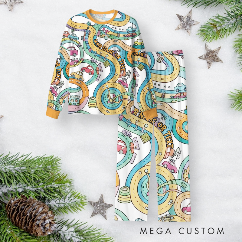 Personalized Road Map Christmas Pajama Set with Fun and Colorful Design Vehicle Lover Gift