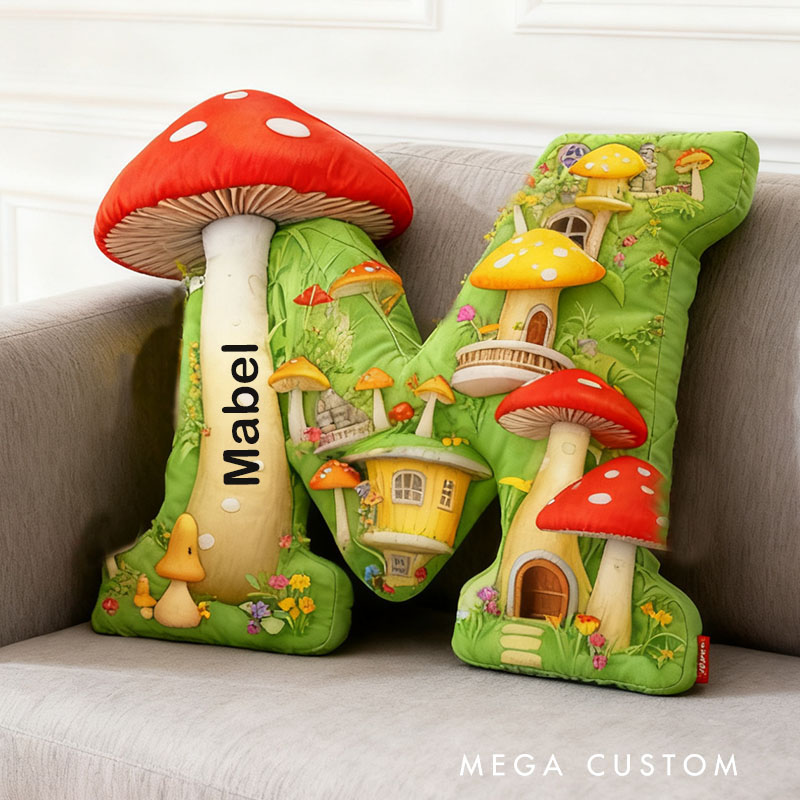 Personalized Housewarming Pillow 26 Letter Pillow Graphic 3D Print Custom Name Cozy Home Decor with Whimsical Mushroom Village Design