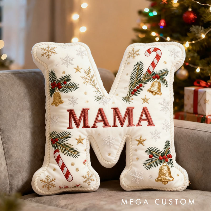 Personalized Christmas Letter Pillow Festive Holiday Decor Candy Cane and Bell Graphic 3D Print Cozy Custom Cushion for Living Room Soft Decorative White