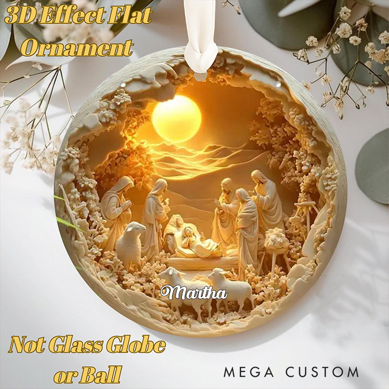 Personalized Nativity Scene Ornament with Name Holy Family Christmas Keepsake Gift 3DEffect Flat Ornament Not Glass Globe Religious Gift for Christmas