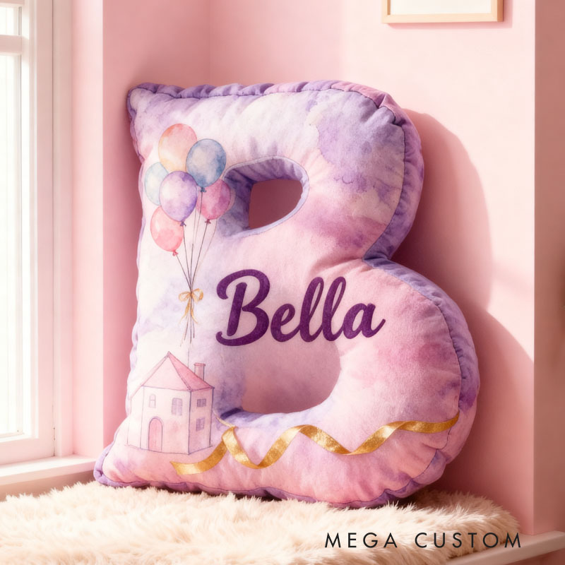 Personalized Purple Letter PillowHousewarming Pillow Graphic 3D Print Custom Name Cozy Home Decor with Dreamy Balloon House Design Soft Accent Cushion