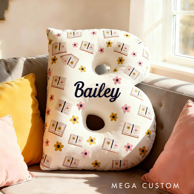 Personalized Floral Books Alphabet Throw Pillow Retro Book Letter Pillow with Name Bookish Initial Reader Pillow for Kids Boys Girl Book Lover Christmas Gift
