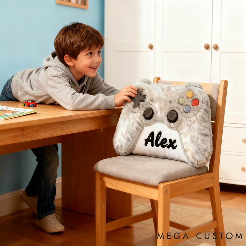 Personalized Graphic 3D Print Grayish White Game Controller Shaped Pillow for Game Lovers Plush Pillow Christmas Gift for Kids