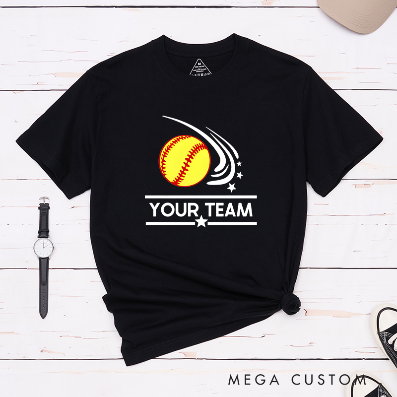Personalized Softball Team T-Shirt Design Featuring Customizable Team Name Dynamic Softball Motion Graphic and Star Accents