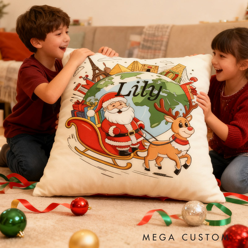 Personalized Santa’s Globe-Trotter Pillow Graphic 3D Print Pillow for Travel Lovers