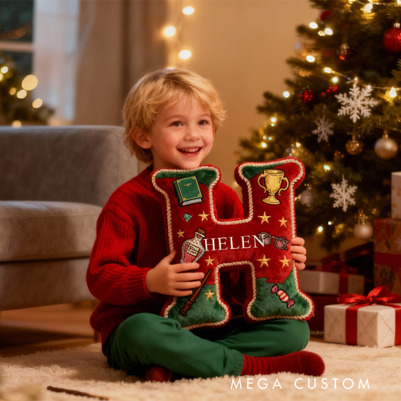 Personalized Christmas Magic Book Alphabet Throw Pillow Christmas Letter Pillow with Name Bookish Initial Pillow for Kids Boys Girls Book Lover Christmas Gift
