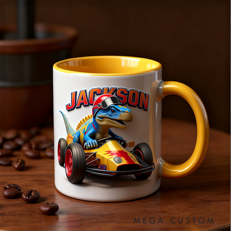 Personalized Dinosaur Race Car Mug Custom Name Christmas Gift for Vehicle Lovers