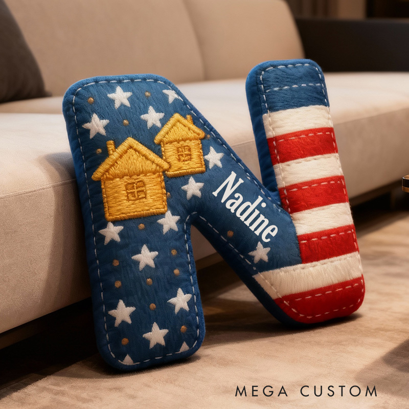 Personalized 26 Letter Pillow Graphic 3D Print Custom Name Cozy Home Decor with Patriotic Stars and Stripes Design Soft Accent Cushion