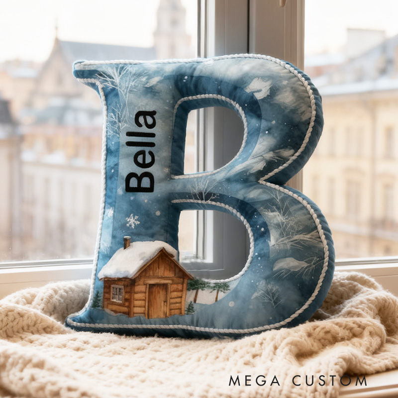 Personalized Letter Pillow Graphic 3D Print Custom Name Cozy Home Decor with Tranquil Winter Cabin Design Soft Accent Cushion Perfect New Home Gift