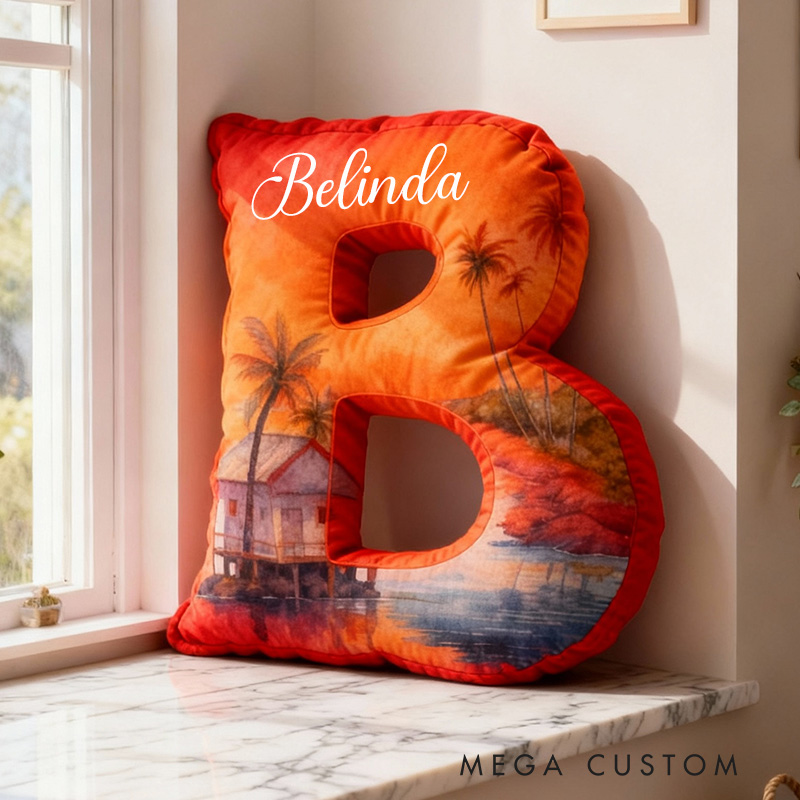 Personalized Letter Pillow Graphic 3D Print Custom Name Cozy Home Decor with Tropical Sunset Beach Design Soft Accent Cushion Housewarming Gift