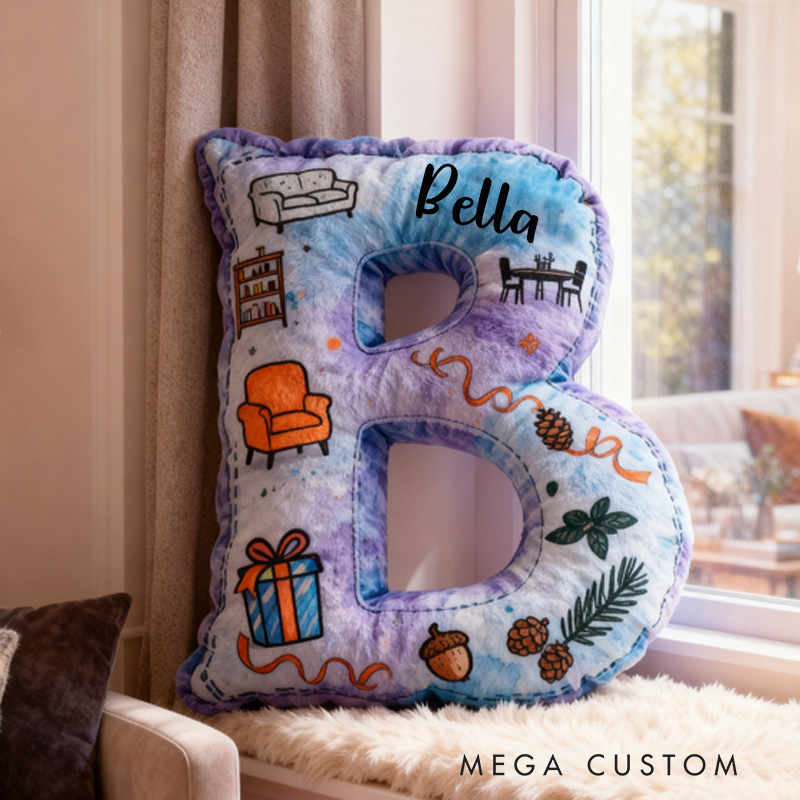 Personalized Letter Pillow Custom Name Cozy Home Decor with Playful Home Elements Design Soft Accent Cushion Graphic 3D Print 