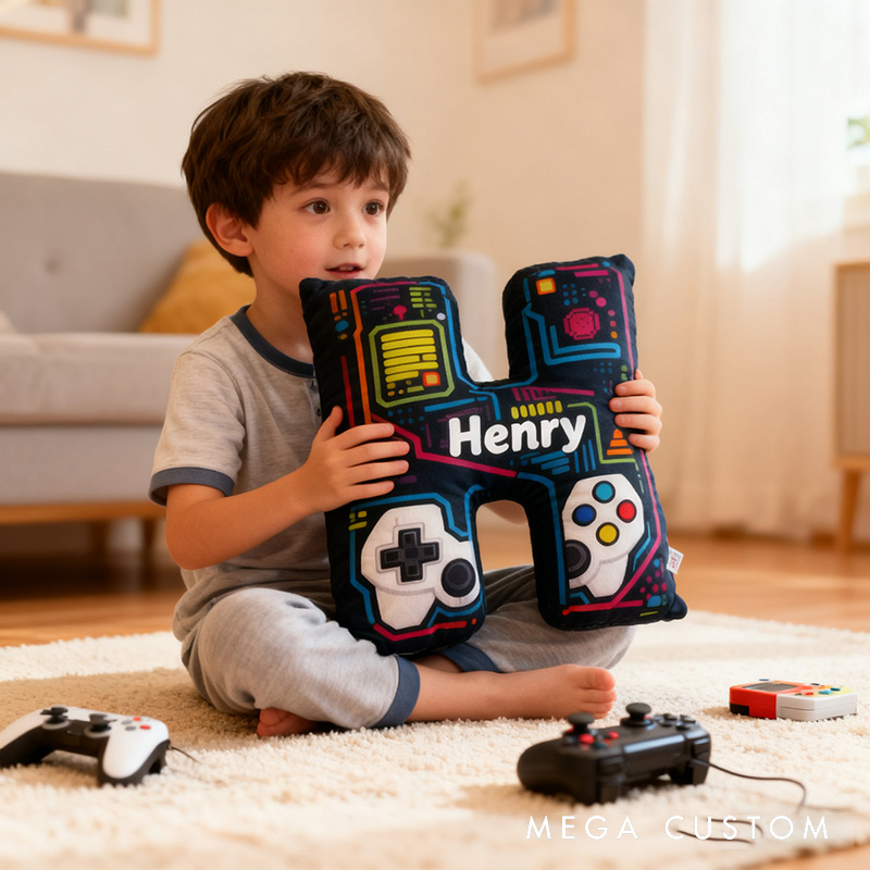 Personalized Graphic 3D Print Game Controller Letter Pillow for Game Lovers Plush Pillow Christmas Birthday Gift for Kids