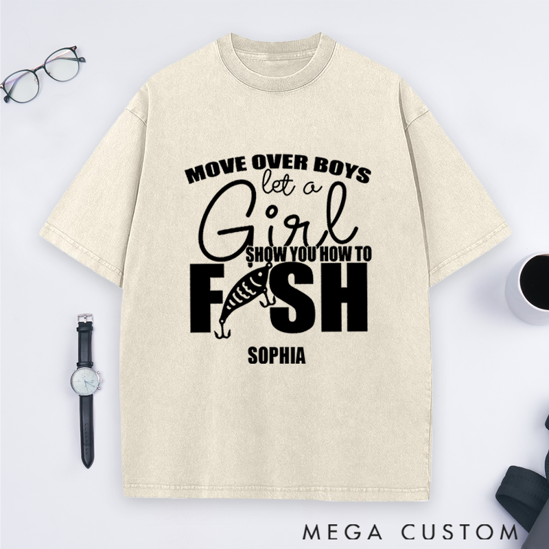 Personalized Fishing Custom Name T-Shirt Funny Move Over Boys Sweatshirt Soft Cotton Perfect Gift for Female Fishing Enthusiasts