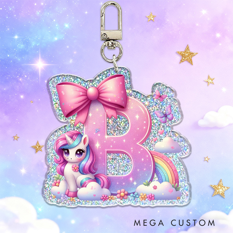 Personalized Dream Horse Bow Initial Custom Name Soft Decorative Gift Pink Rainbow Style Sparkle Dream Cute Magical Cloud Fantasy Lovely Girl Charm Accessory Glitter Keychain