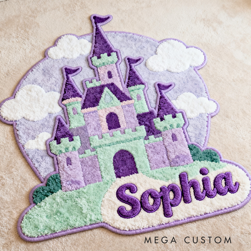 Personalized Fairy Tale Castle Rug Soft Plush Design with Custom Name and Pastel Colors Fairytale Princess Style Gift for Kids