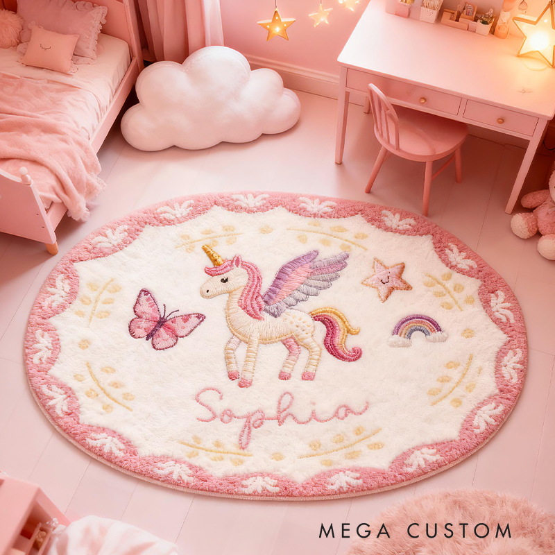 Personalized Dream Horse Name Custom Soft Decorative Gift Pink Rainbow Style Magical Dream Cute Flying Pony Lovely Princess Room Cozy Floor Mat Carpet Rug for Kids