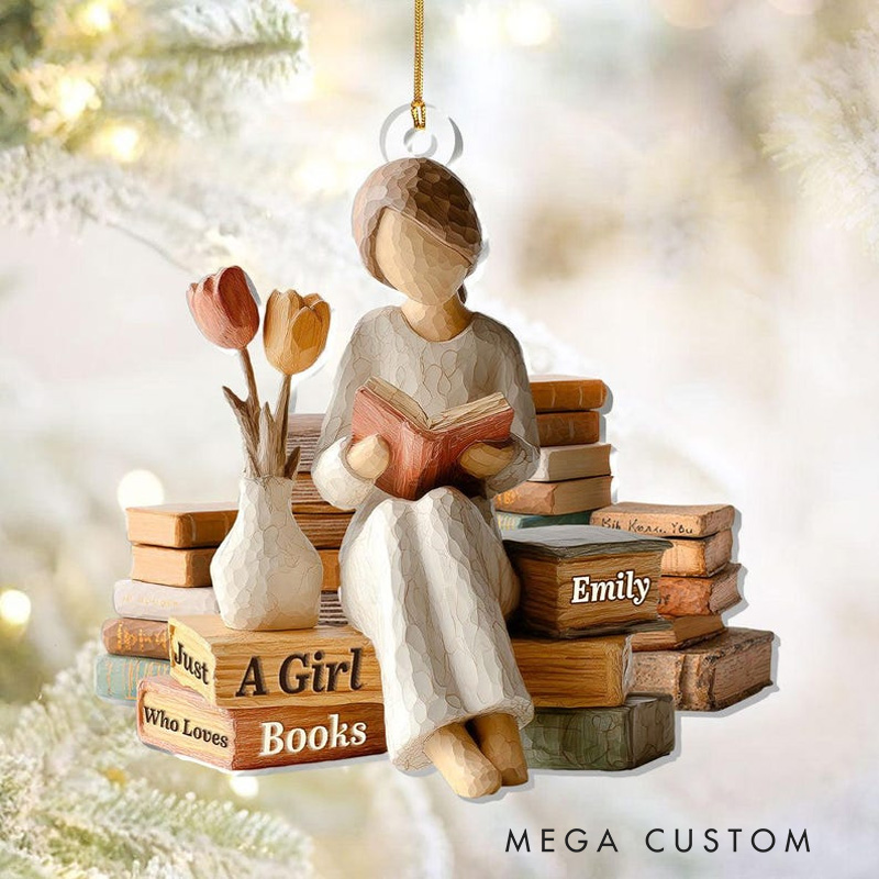 Personalized Just a Girl Who Loves Books Acrylic Christmas Ornament Cozy Reading Vibes Decor with Name Reader Gift for Bookworms Librarians
