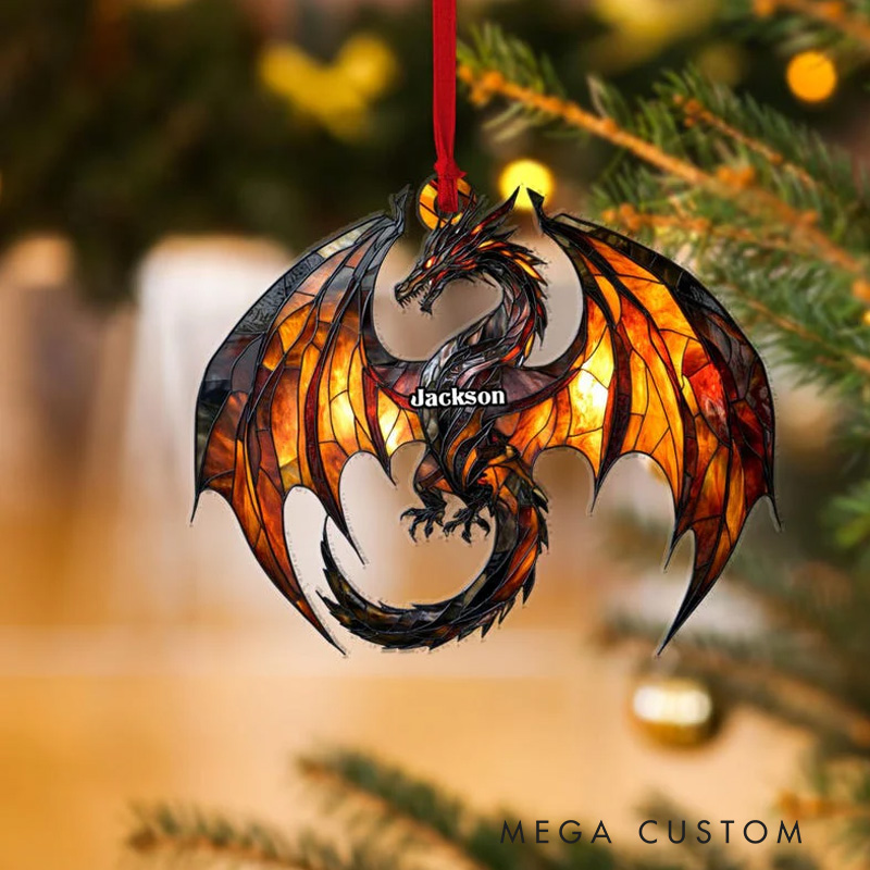 Personalized Dragon Flying 2D Flat Acrylic Christmas Ornament Dragon Xmas Decor with Name Reader Gift for Fantasy Book Lover Bookworms Librarians