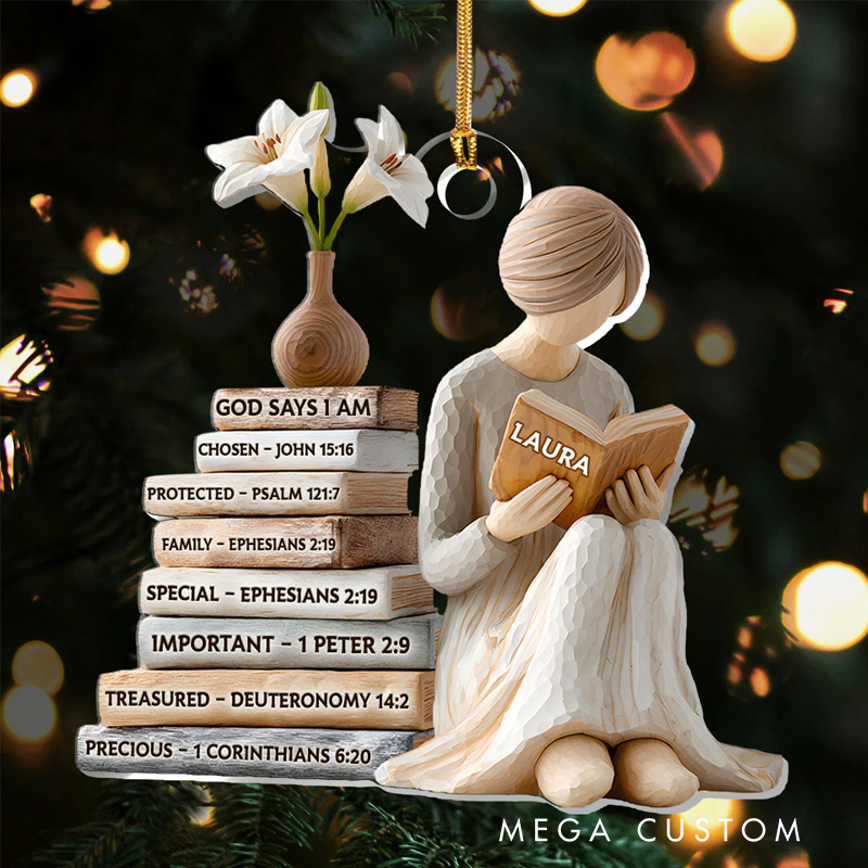 Personalized God Says I am 2D Flat Acrylic Christmas Ornament Reading Girl Xmas Decor with Name Reader Gift for Fantasy Book Lover Bookworms Librarians
