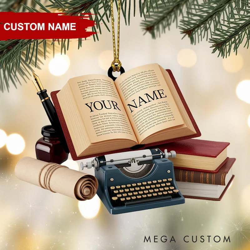Personalized Writer Christmas Ornament 2D Acrylic Name Book with Typewriter and Ink Set Reader Gift for Authors Journalists Book Lover Librarians