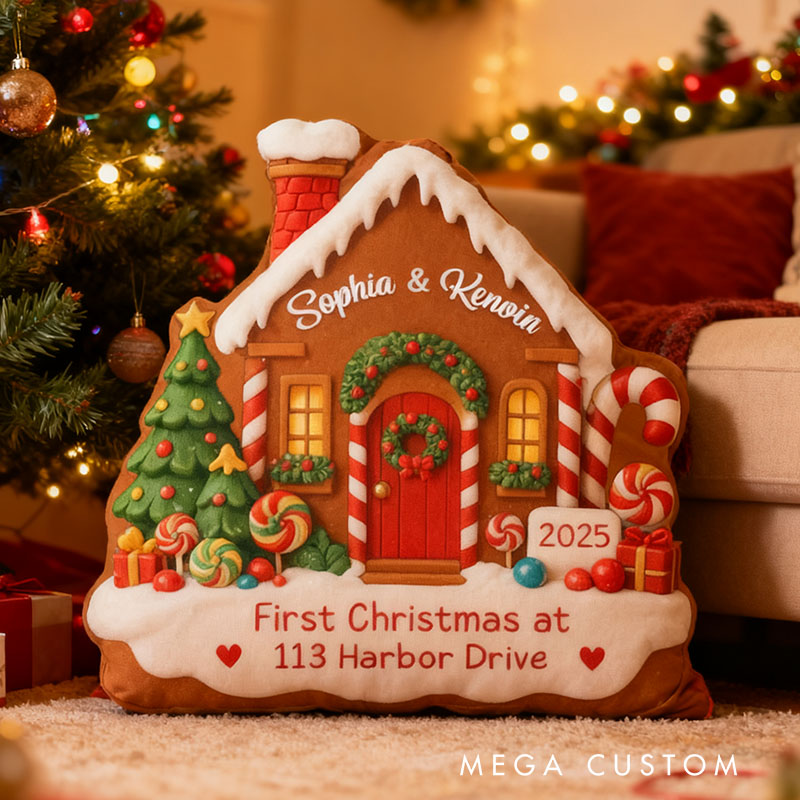Personalized Christmas Pillow Graphic 3D Print Custom Names and Address Cozy Holiday Decor with Festive Gingerbread House Design Soft Accent Cushion