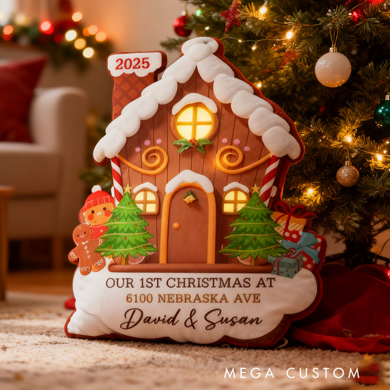 Personalized Holiday Pillow Graphic 3D Print Custom Names and Address Cozy Christmas Decor with Gingerbread House Soft Accent Cushion New Home Gift