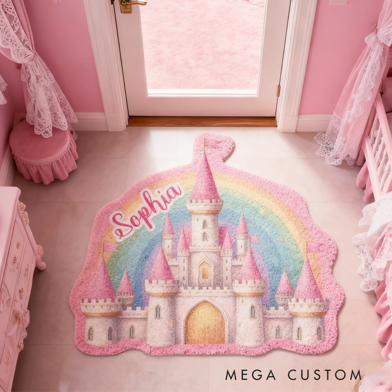 Personalized Pink Rainbow Castle with Name Soft Rug Christmas Gift for Kids Rug Birthday Gifts for Kid