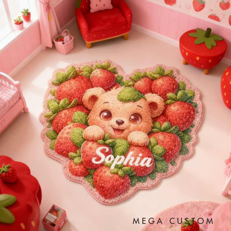 Personalized Strawberry Bear with Name Soft Rug Christmas Gift for Kids Rug Birthday Gifts for Kid