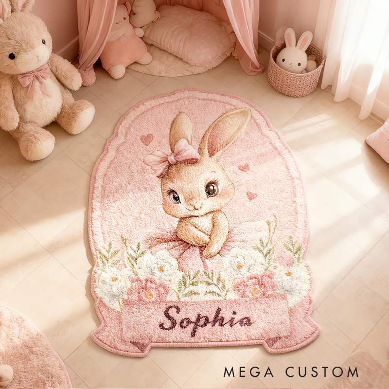 Personalized Bunny Name Custom Soft Decorative Gift Pink Floral Style Cute Animal Lovely Princess Room Cozy Sweet Garden Dream Floor Mat Carpet Rug for Kids