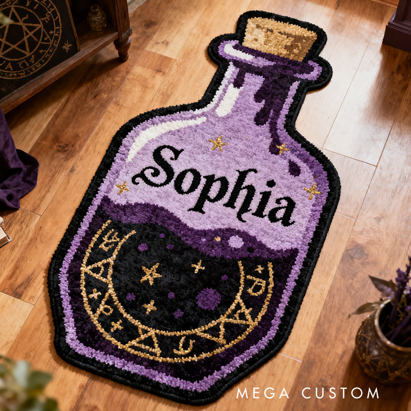 Personalized Magic Potion Bottle Rug Soft Plush Design with Mystical Purple Tones Celestial Symbols Custom Name and Witchy AestheticStyle Gift for Kids