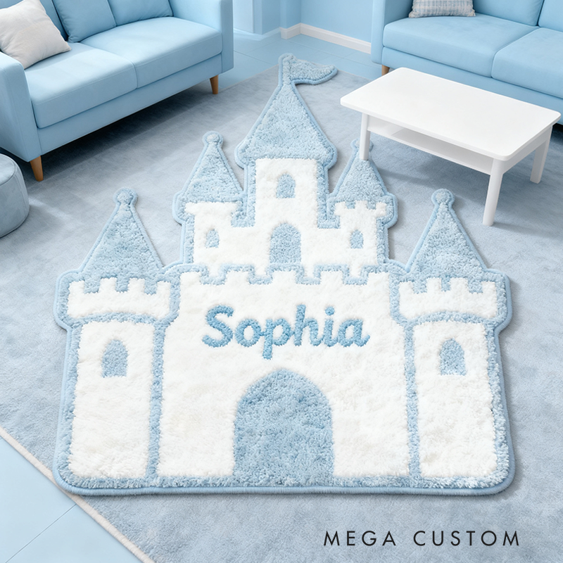 Personalized Blue Castle Rug Soft Plush Design with Fairytale Inspired Castle Custom Name Pastel Colors and Cozy Texture for Kids