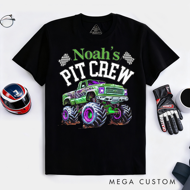 Personalized Monster Truck Pit Crew T‑Shirt Custom Name Classic Racing Tee Family Matching Shirt Car Lover Gift