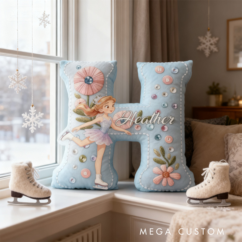 Personalized Graphic 3D Print Cartoon Ice Skating Girl Alphabet Shaped Pillow for Ice Skate Lovers Initial Pillow Christmas Gift for Kids