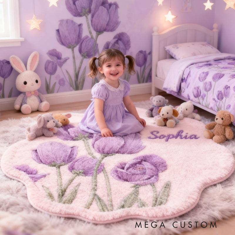 Personalized Purple Tulips with Name Soft Rug Christmas Gift for Kids Rug Birthday Gifts for Kid